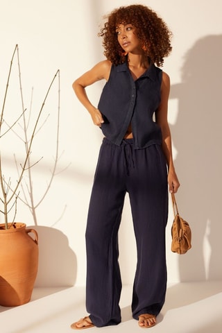 Calças wide legs de linho - Azul