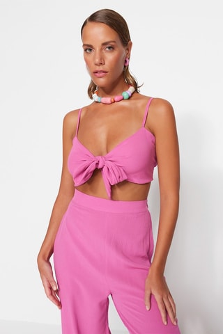 Crop top e calças wide legs de cintura subida - Rosa