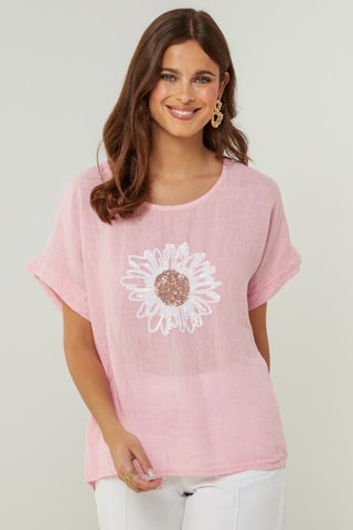 Oversized Linnen T-shirt - Roze - Roze en wit