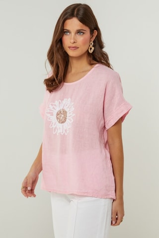 Oversized Linnen T-shirt - Roze - Roze en wit