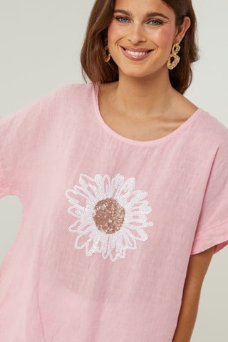 Oversized Linnen T-shirt - Roze - Roze en wit