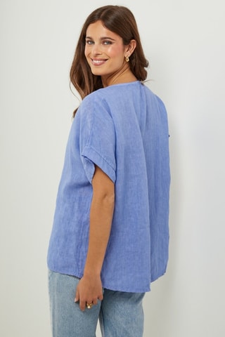 Oversized Linnen T-shirt - Blauw - Blauw en wit