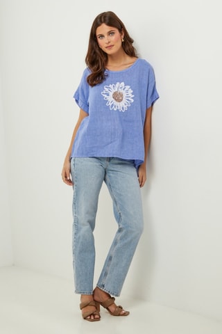 Oversized Linnen T-shirt - Blauw - Blauw en wit