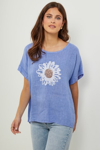 Oversized Linnen T-shirt - Blauw - Blauw en wit
