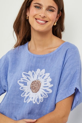 Oversized Linnen T-shirt - Blauw - Blauw en wit