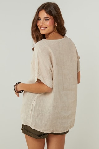 Oversized Linnen T-shirt - Beige - Beige en wit