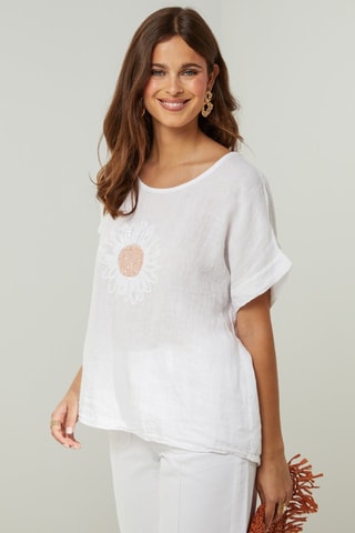 Oversized Linnen T-shirt - Wit - Wit en roze