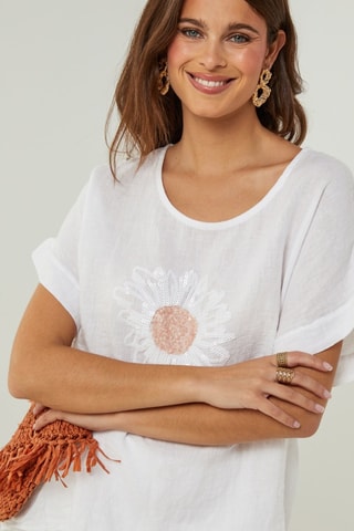 Oversized Linnen T-shirt - Wit - Wit en roze