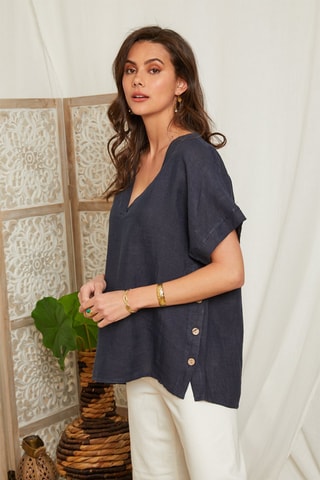 Top - Marineblauw - 100% linnen - Marineblauw