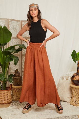 Linnen Broek Flare Cut Tabakbruin - Bruin