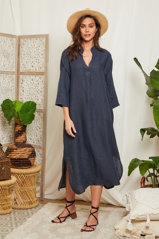 100% Linnen Jurk - Marineblauw