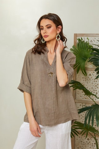 Top - Taupe - 100% linnen - Taupe