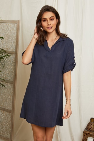 100% Linnen Rechte Jurk Camel - Marineblauw