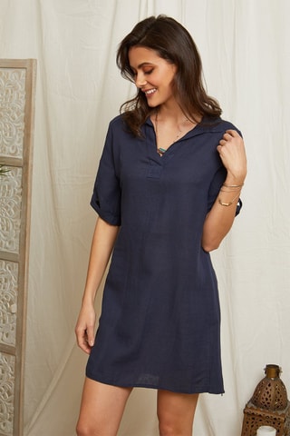 100% Linnen Rechte Jurk Camel - Marineblauw