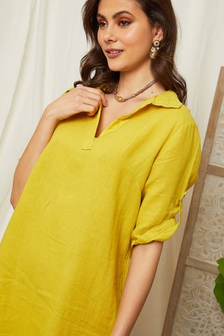 100% Linnen Rechte Jurk Camel - Geel