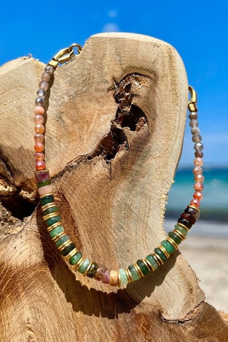 Pulsera bañada en oro fino amarillo - Piedras de luna, turmalinas y esmeraldas