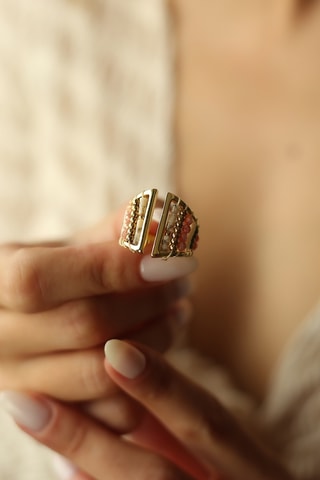 Anillo - Chapado en oro amarillo, cuarzo y jaspes