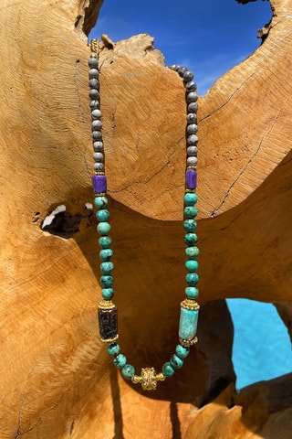 Collar - Jaspe picasso, charoita,  turquesa africana, amazonita y ónice