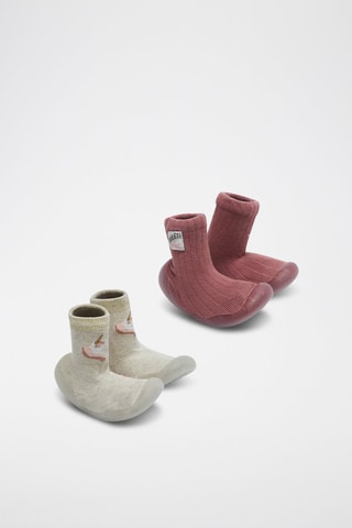 2 chaussons-chaussettes - Bordeaux et beige