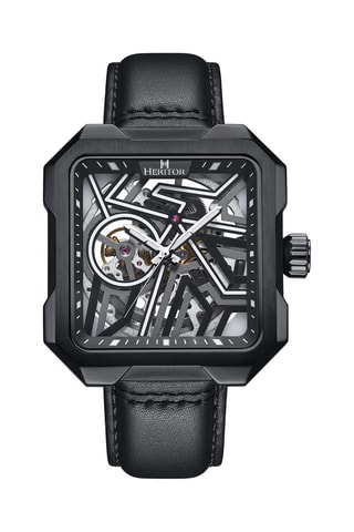 Reloj esqueleto automático japonés de piel - Negro