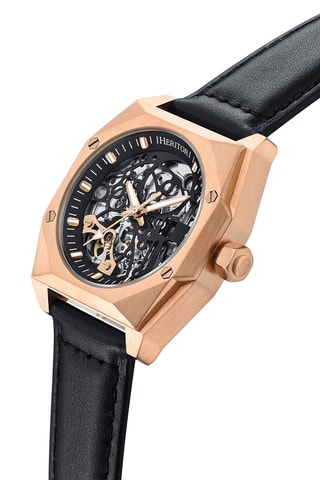 Reloj automático de piel Elliott - Negro y rosa dorado