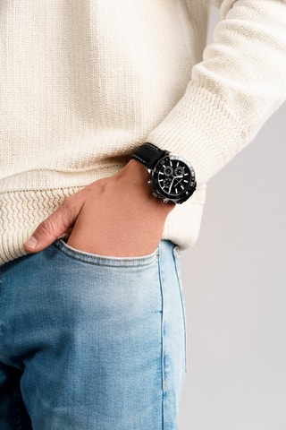 Reloj de cuarzo de piel Avignon - Negro y plateado