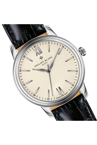 Estuche reloj de cuarzo chapado en ion plateado y piel y pulsera de piel Geneva