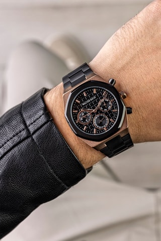 Reloj de cuarzo de acero - Negro y rosa dorado - Walter Bach