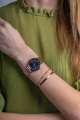 Estuche reloj de cuarzo de acero chapado en ion de oro rosa y pulsera Grand Noir