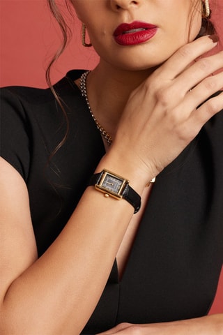 Reloj de cuarzo de piel bovina Clare - Negro y dorado