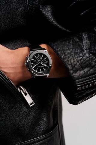 Reloj de cuarzo de piel Mykonos - Plateado y negro