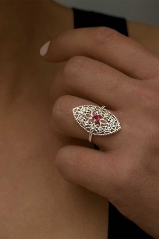 Anello - Argento placcato oro giallo, diamanti e rubino