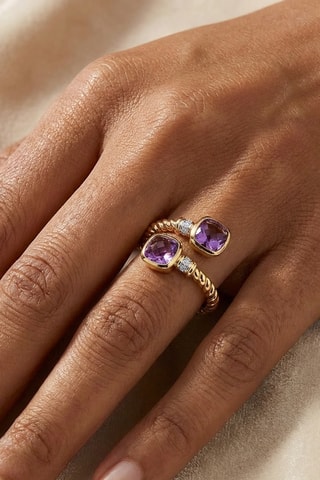 Bague - Argent plaqué or jaune, améthystes et diamants