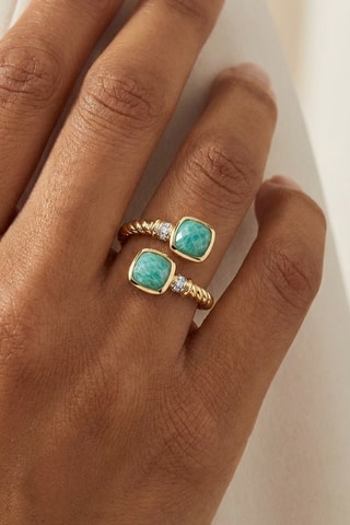 Bague - Argent plaqué or jaune, amazonites et diamants