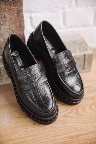 Mocassins à talons en cuir Mokka Croco - Noir