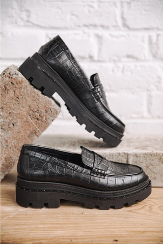 Mocassins à talons en cuir Mokka Croco - Noir