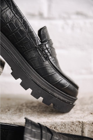 Mocassins à talons en cuir Mokka Croco - Noir