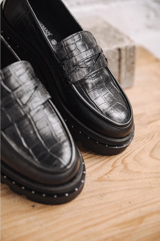 Mocassins à talons en cuir Mokka Croco - Noir