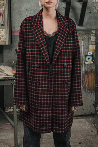 Manteau à carreaux en laine - Noir, rouge et marron