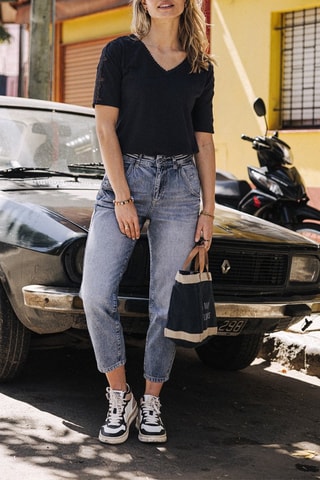 Jean mom 7/8 taille haute Natasha - Blanc, noir et bleu