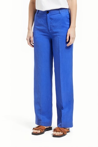 Calças wide legs em linho cintura subida - Azul-eléctrico