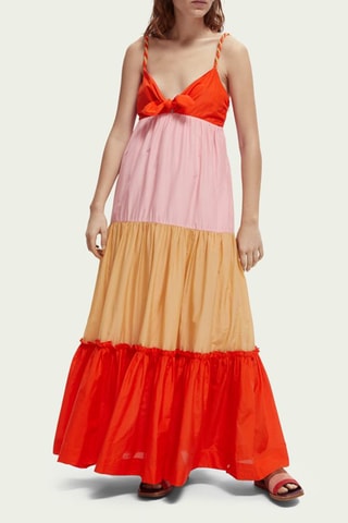 Vestido comprido em seda - Coral e mostarda