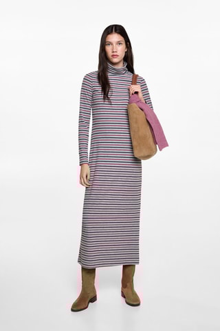 Robe col roulé rayures - Gris chiné