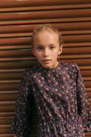 Robe fleurie froncée - Bleu marine