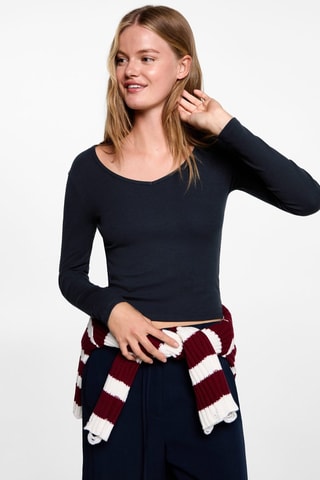 T-shirt manches longues col V - Bleu marine