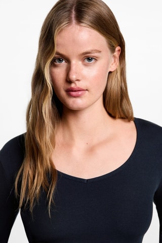 T-shirt manches longues col V - Bleu marine