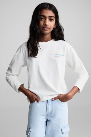 T-shirt coton détail brodé - Blanc cassé