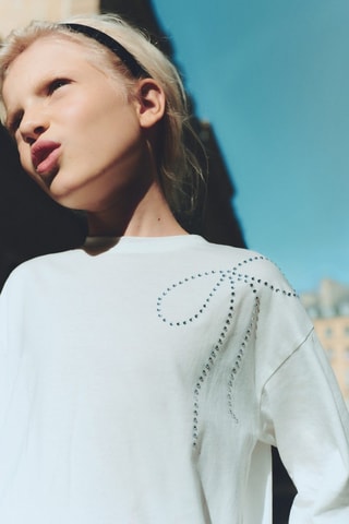 T-shirt manches longues détail strass - Blanc cassé