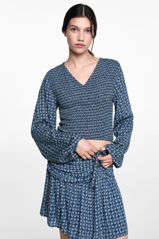 Blouse imprimée froncée - Bleu marine