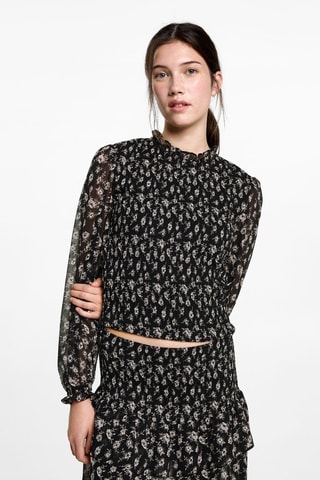 Blouse froncée fleurie - Noir
